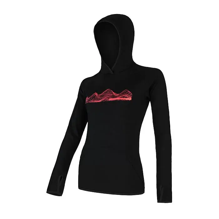 Sensor Dames functionele hoodie met print Sensor Merino Upper Mountains kangoeroezak zwart