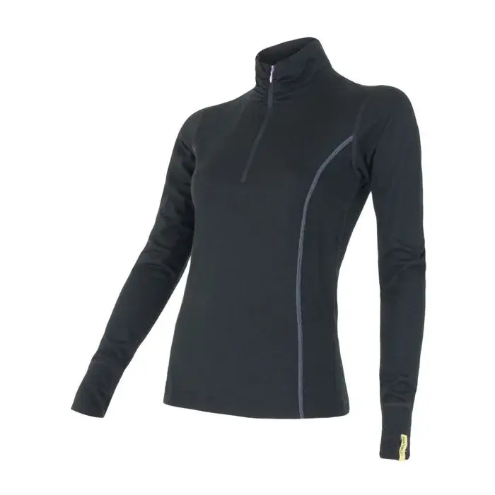 Dames functioneel shirt met lange mouwen, opstaande kraag en rits Sensor Merino Active zwart